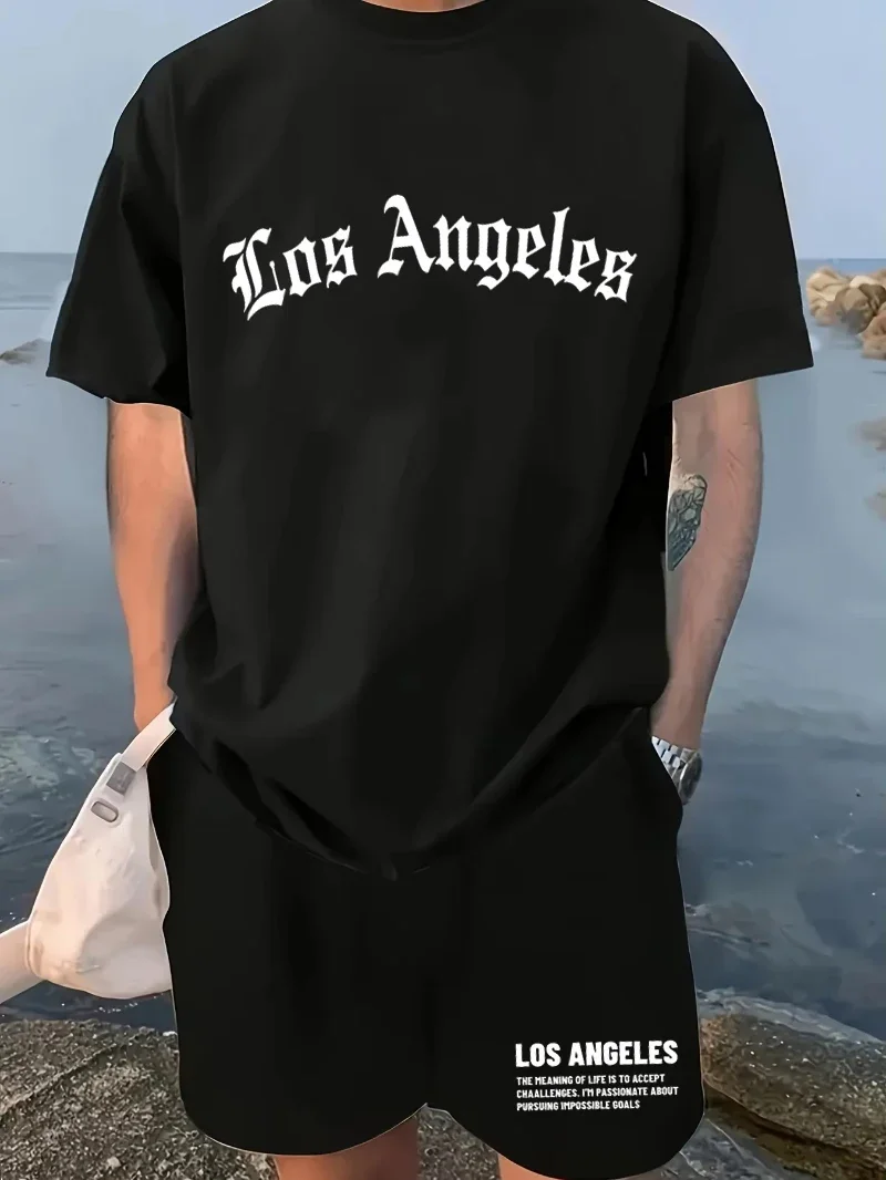 

Men's Summer 100 Cotton Fashion Los Angeles Letter Printing Loose Large Casual Comfort T-Shirt Shorts Two-piece Set