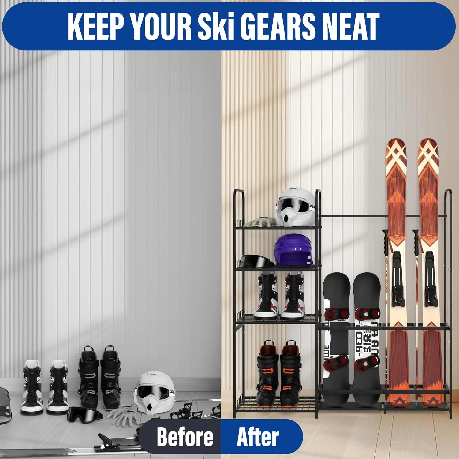 رف التزلج على الجليد المعدني شديد التحمل قائم بذاته - تخزين المرآب مع رف للأحذية والخوذات والإكسسوارات