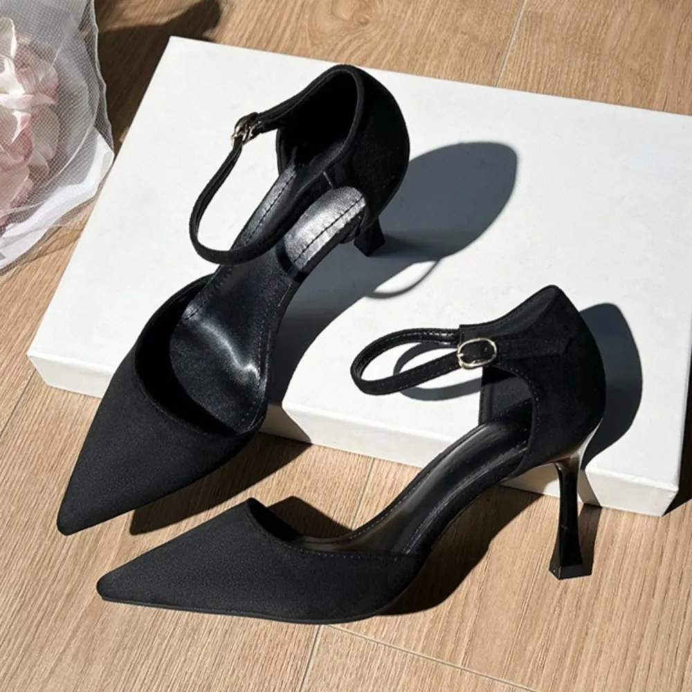 

Женские босоножки на высоком тонком каблуке с острым носком, из замши, черные, с вырезами по бокам, летняя новинка 2026