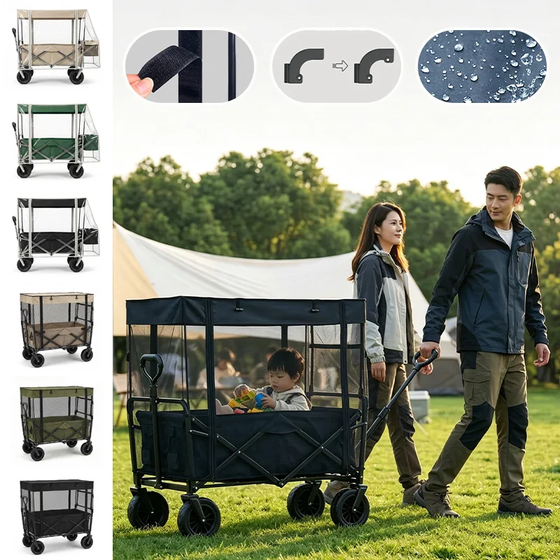 Universal Camping Wagon Canopy with Mosquito Net - Waterproof Windproof Sunshade Cover for Folding Outdoor Cart for Camp Trolley