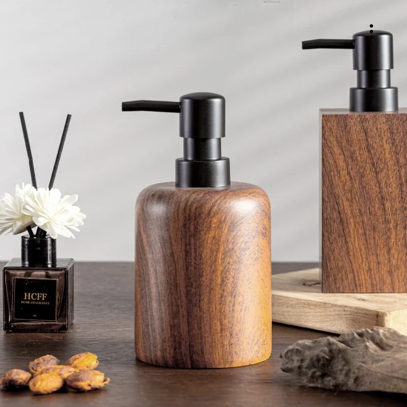 Walnut Wood Grain Hand Soap Bottle- High-Aesthetic Lotion Dispenser, Press-Type Dish Soap, Shampoo & Body Wash Refillable Bottle