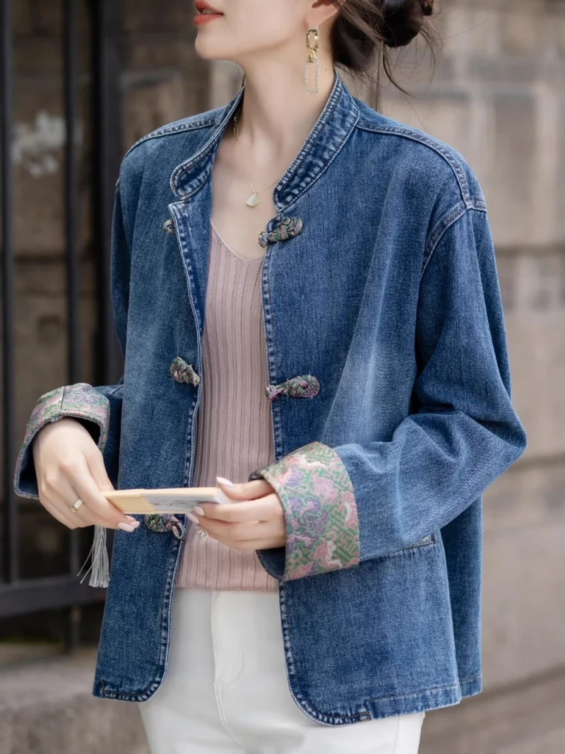 

Cowboy Jacket Woman New Chinese Style Clothing 2025 Autumn Stand Collar Single Breasted Long Sleeve Popular Denim Top w1041