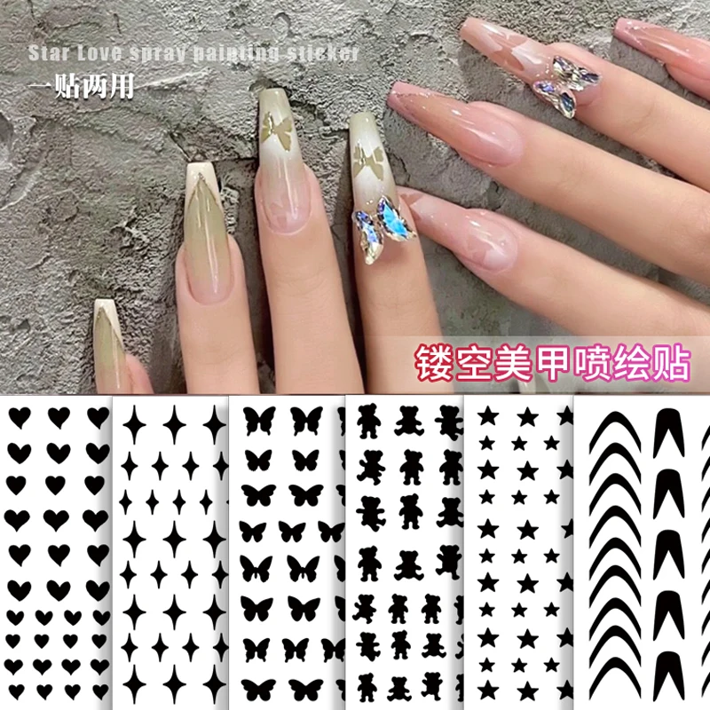 1pc Airbrush Stencil For Nails Heart Butterfly Stars Pattern Hollow Nail Sticker Templates For French Manicure Tips Nail Design