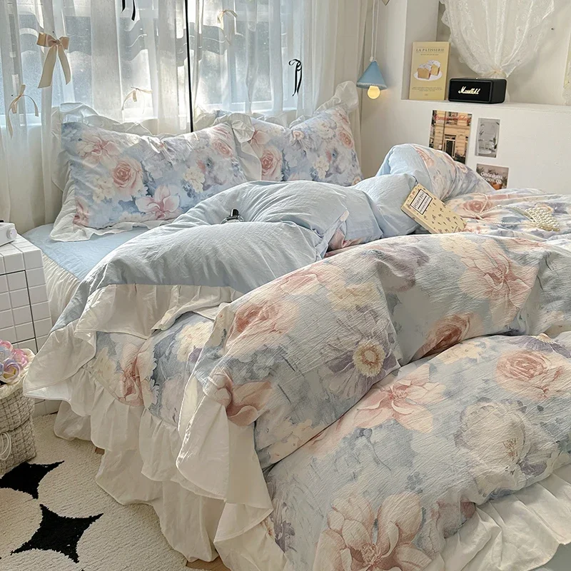 

French Romantic Style Bedding Set Princess Skin Friendly And Comfortable Quilt Cover Lace Washed Cotton Printed Duvet Cover Set
