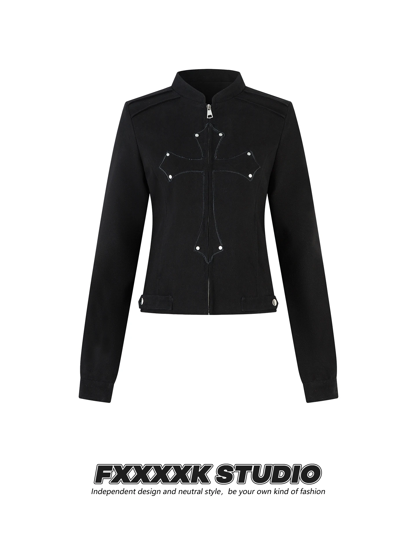 

Оригинальная женская осенняя хлопковая куртка FXK в готическом стиле с вышивкой и заклепками, приталенная, укороченная, модная