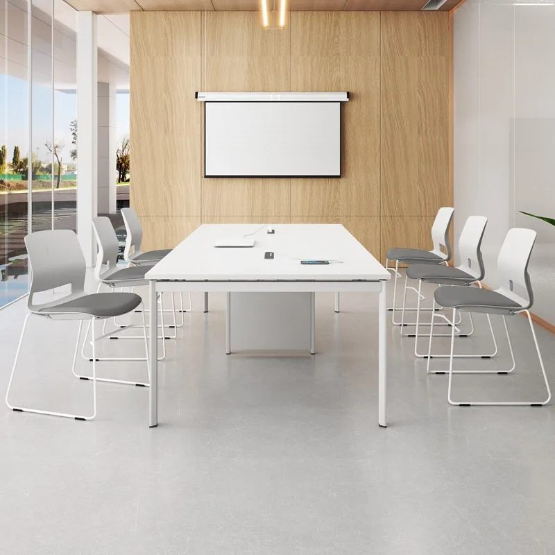 Petite table de conférence simple et moderne pour 6 personnes, table de négociation pour 8 personnes avec cadre en acier blanc, table d'entreprise et chaise combinées