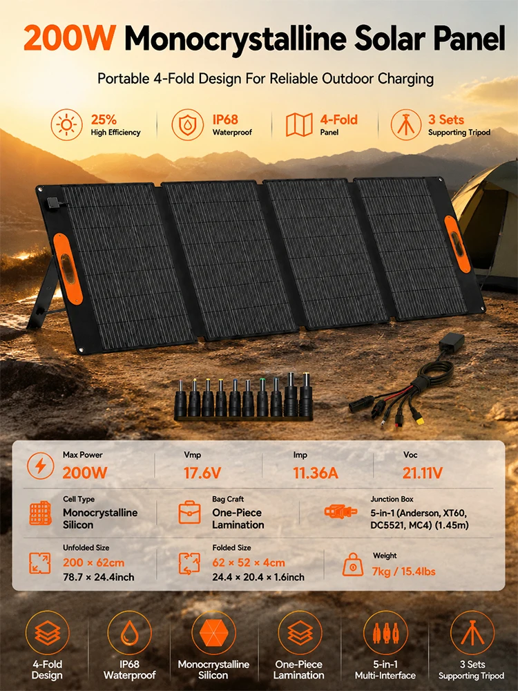 Faltbares 200W tragbares Solar-Deckenpanel, wasserdichtes monokristallines Solarladegerät für Solargenerator, Van-Life, Outdoor, netzunabhängige Stromversorgung