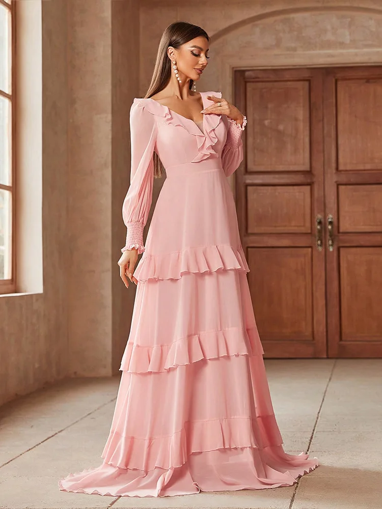 2025 Moda Rosa Abito da donna allentato Elegante scollo a V Manica lunga Abiti solidi Primavera Casual Ruffles Abito lungo fino al pavimento Donna