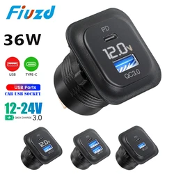 Car Charger QC3.0 and PD Type C Two USB Car Charger Socket With Voltmeter Quick Charge Adapter for Truck Motorcycle RV Marine