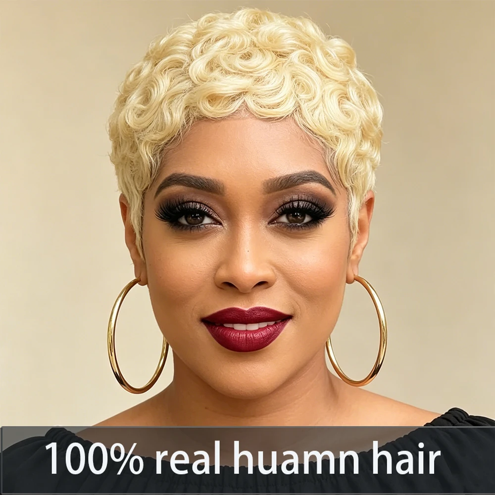 

613 Blonde Curly Pixie Wig with Bangs Full Machine Made Human Hair 180% Density Water Wave Retro Wig for Holiday & Events
