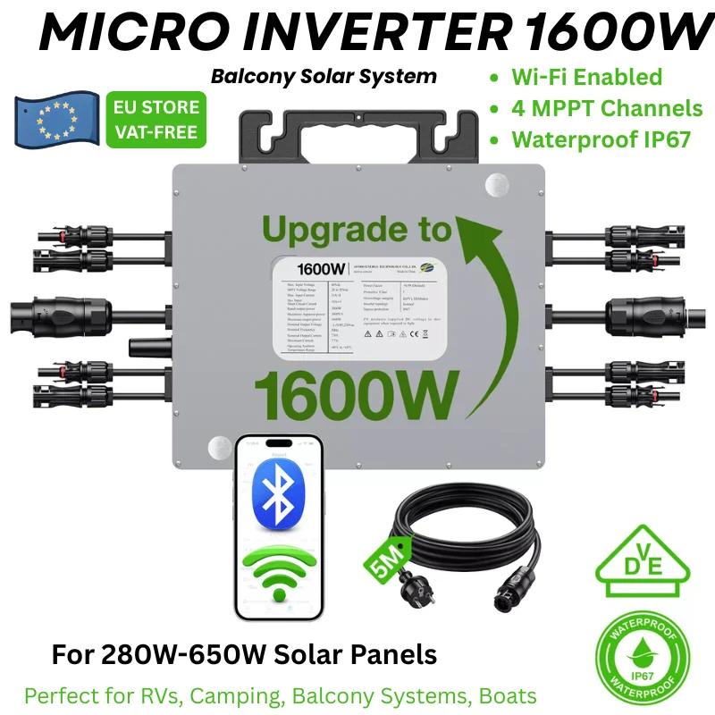 Micro Inverter Solare da 1600W con 4×MPPT | Ingresso DC 25-55V, Monitoraggio Wi-Fi, Impermeabile IP67, Uscita Regolabile – Smart Grid Tie