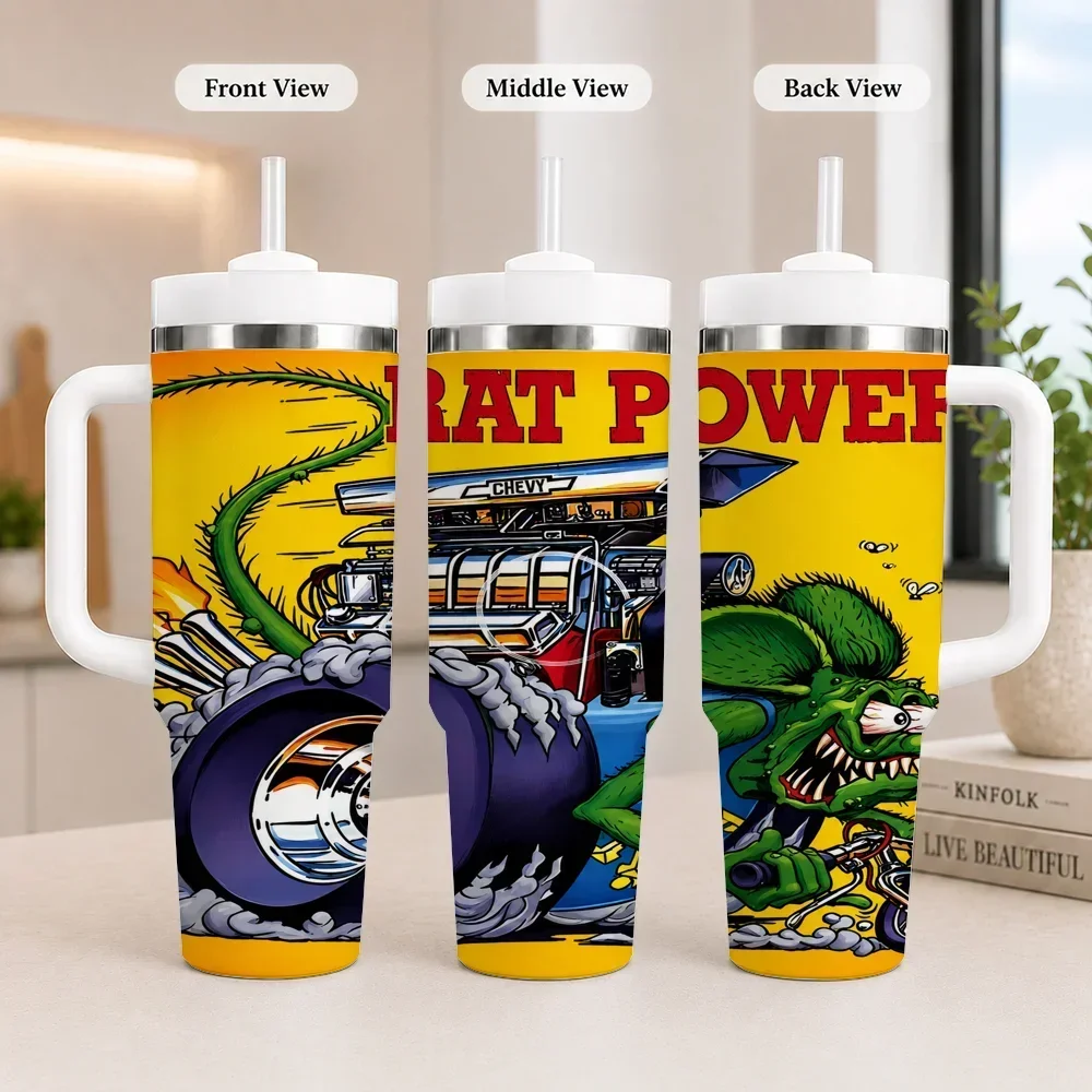 Anime Rat Fink Vacuum Flasks 40oz Leakproof Steel Tumbler w/ Lid Straw Handle Hot Cold Drinks