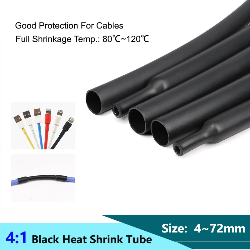 1/2/5/10/25M Black 4:1 Heat Shrink Tube With Glue 4~72mm Thermoretractile Heat Shrinkable Tubing Dual Wall Heat Shrink Tubing