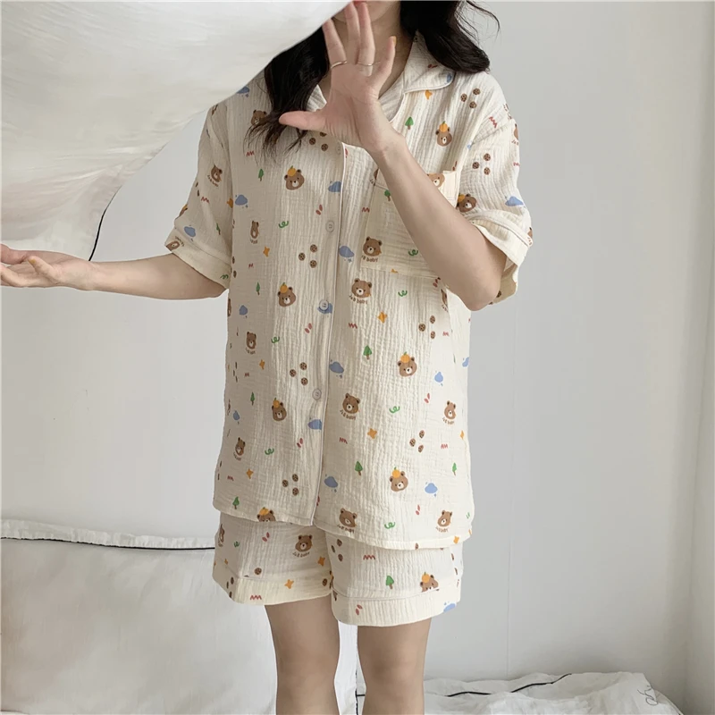 Kawaii Bear Print Summer Pajamas Set Women Single Breasted Shirts + Shorts Suit Cotton Cartoon Two Piece Pajamas Set Ins