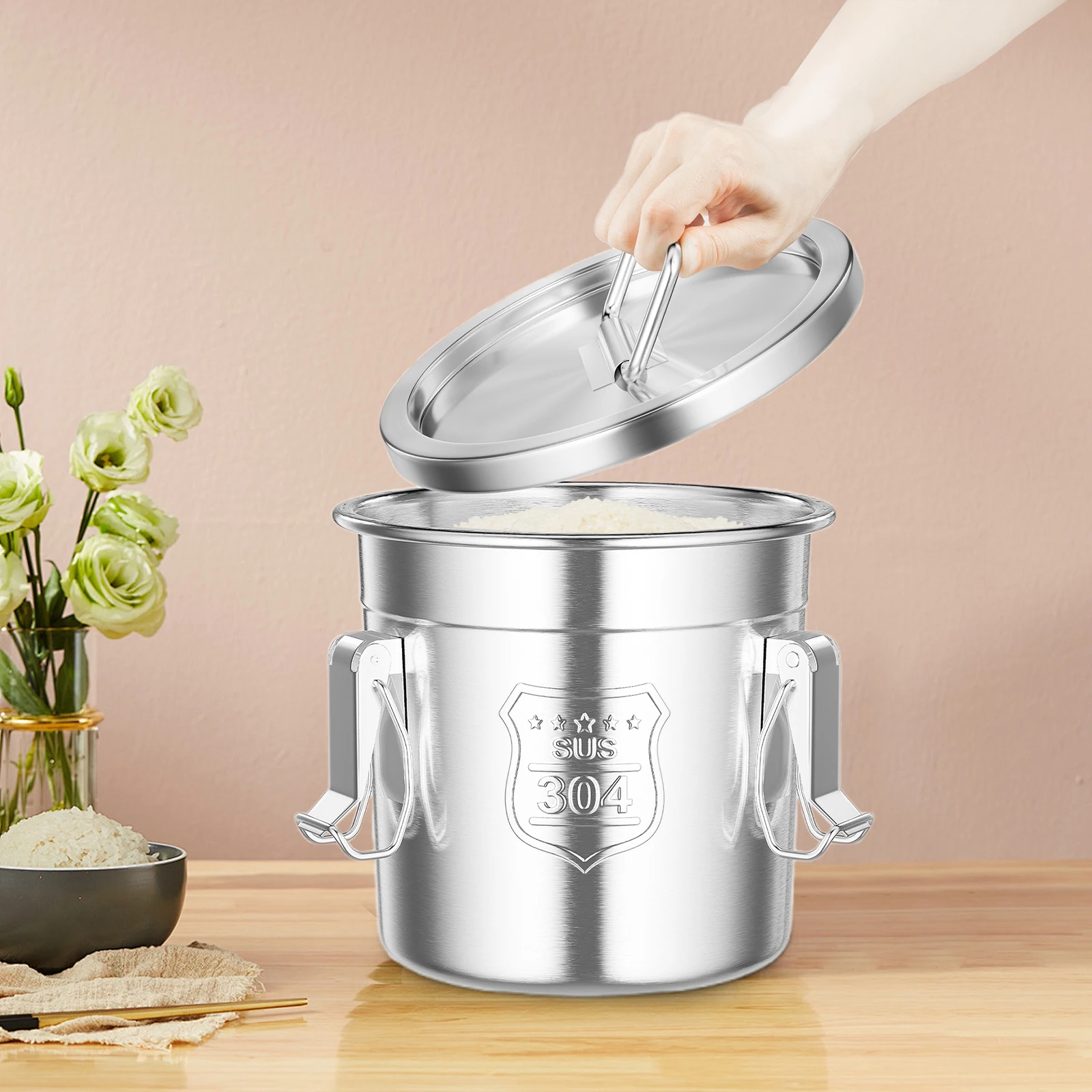 

6L Stainless Steel Cereal Container Metal Kitchen Rice Storage Bucket with Lid