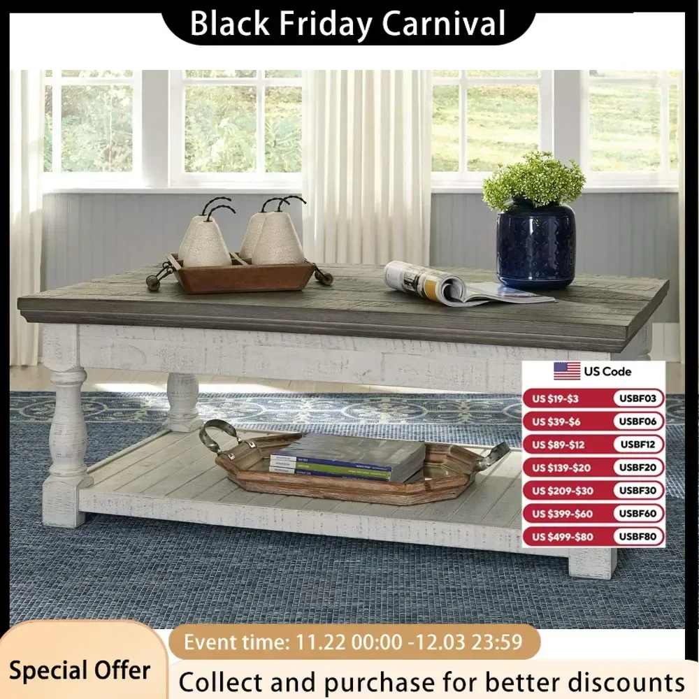 Farmhouse Lift Top Coffee Table with Fixed Shelf and 2 Hidden Storage Trays, Gray & White with Weathered Finish