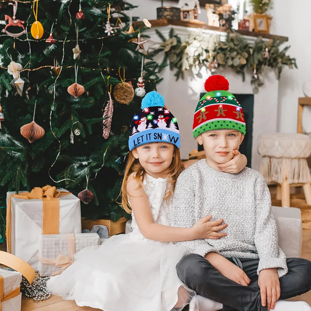 Gorro de punto con luz LED para niños y adultos, suéter de nieve con luces, suministro para fiestas de Navidad, 1/2/5/10/20 piezas