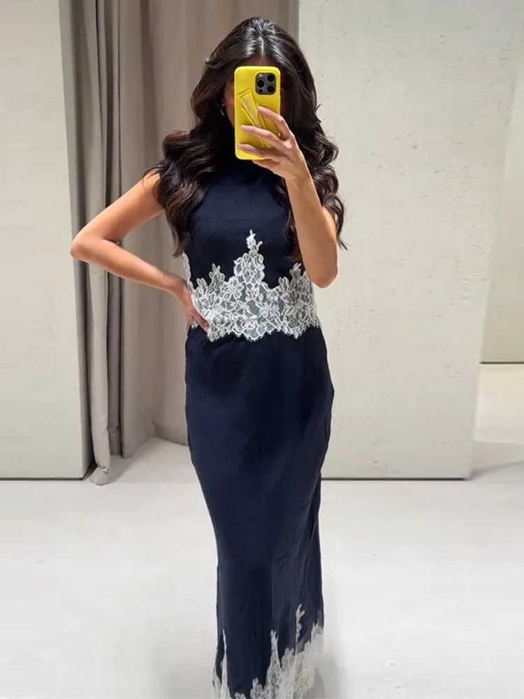 Vintage Lace Patchwork Women's Top Skirts Suit Sleeveless Top Hip Package Skirt Lady Set 2026 Summer Autumn Women Outwear New