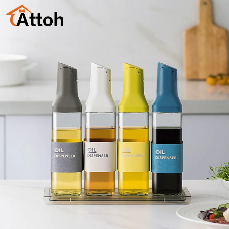 Botella dispensadora de aceite de oliva con apertura automática de 500ml para cocina, dispensador de vinagre con tapa automática, dispensador de vidrio para salsa de soja a prueba de fugas