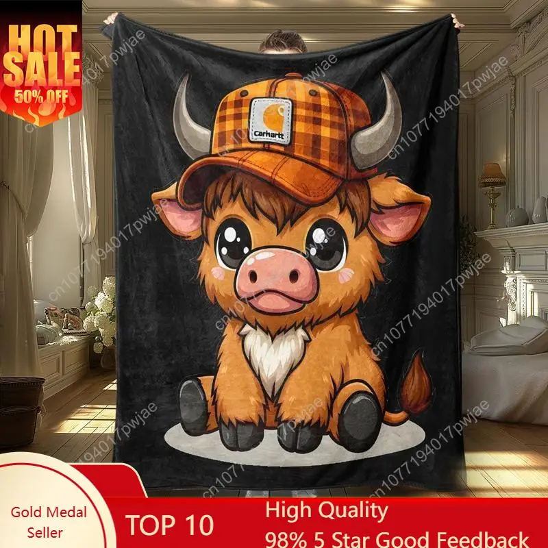 Cute Highland Cow Pattern Blanket, 1 Count Soft Throw Blanket, Air-conditioned Room Blanket, Warm Nap Blanket for Home Office Tr