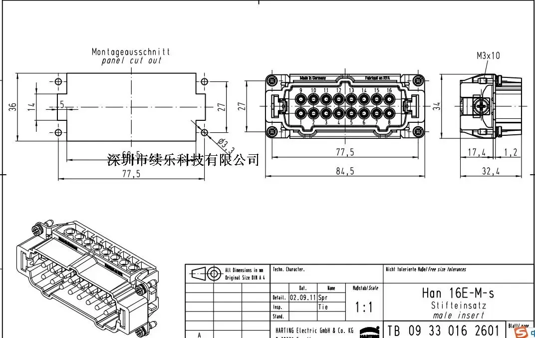 HARTING 09330162601 16-pin Male Core Han-16E-M-s Harding, HARTING, Germany