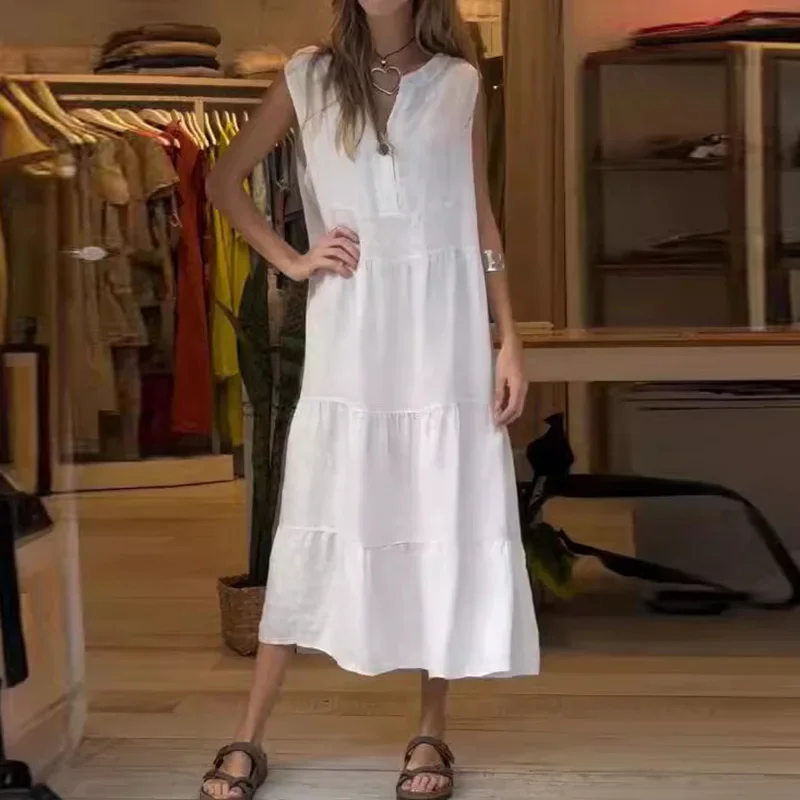 Summer Casual Loose Long Dress Women V Neck Sleeveless Beach Holiday Dresses For Women Elegant Maxi Dresses 2024