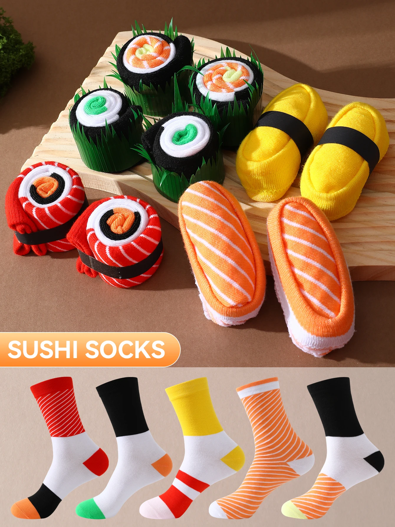 5 par modnych, unikalnych i ciekawych spersonalizowanych wzorów sushi, męskich i damskich skarpetek prezentowych odpowiednich na każdą porę roku