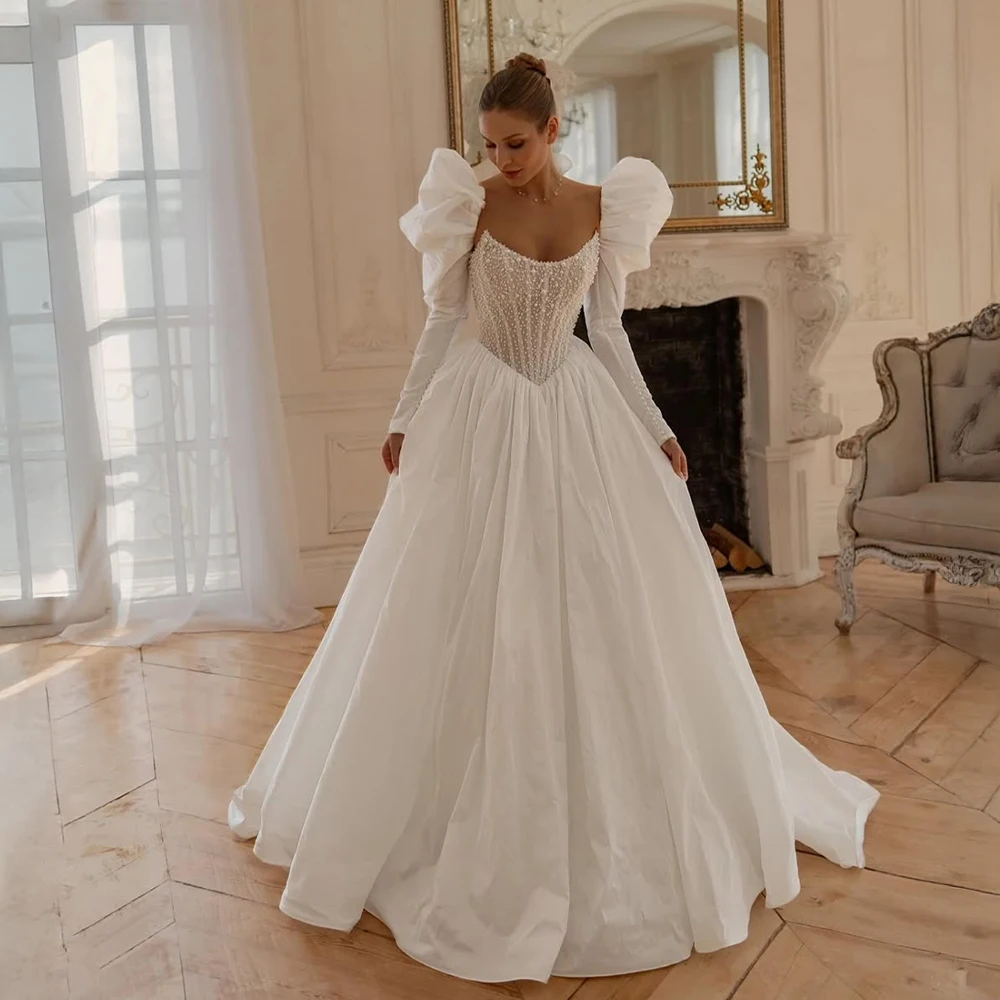 

Customized Puff Sleeve Satin Ball Gown Wedding Dress Beaded Bodice Bridal Dress Full Flowy Skirt with Train Elegant Bridal Gown