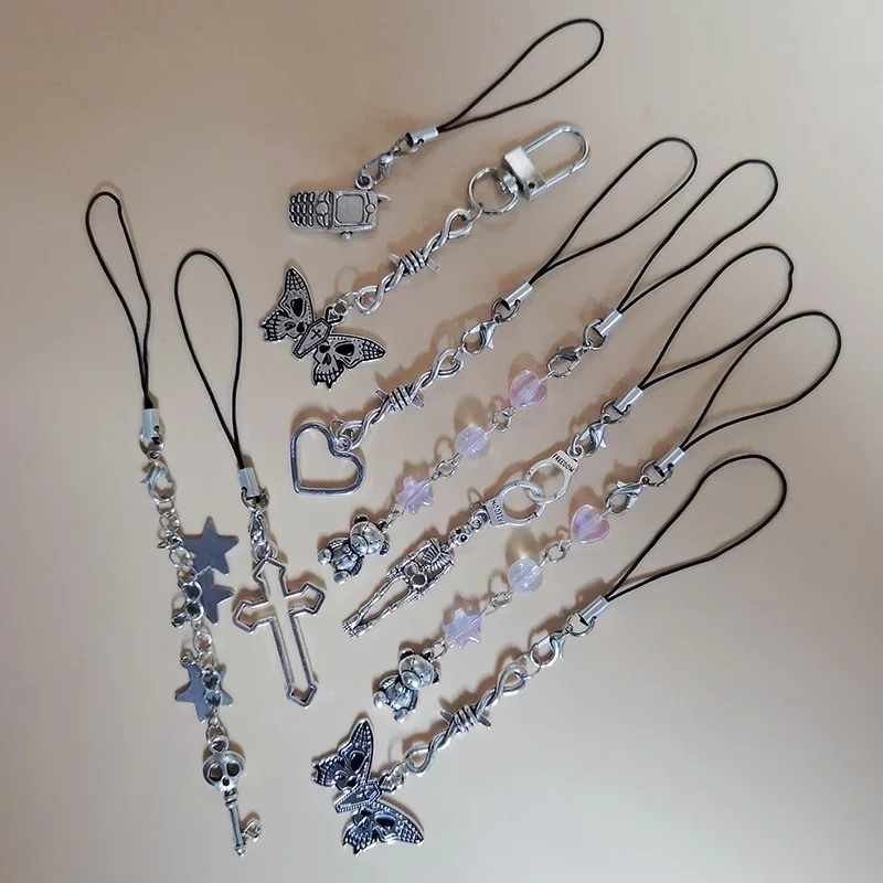 

Оригинальный брелок для телефона ручной работы в стиле Y2K: кавайные подвески-шармы в виде звезды, бабочки, серебряного креста, милый мультяшный медведь, шнурок-ремешок