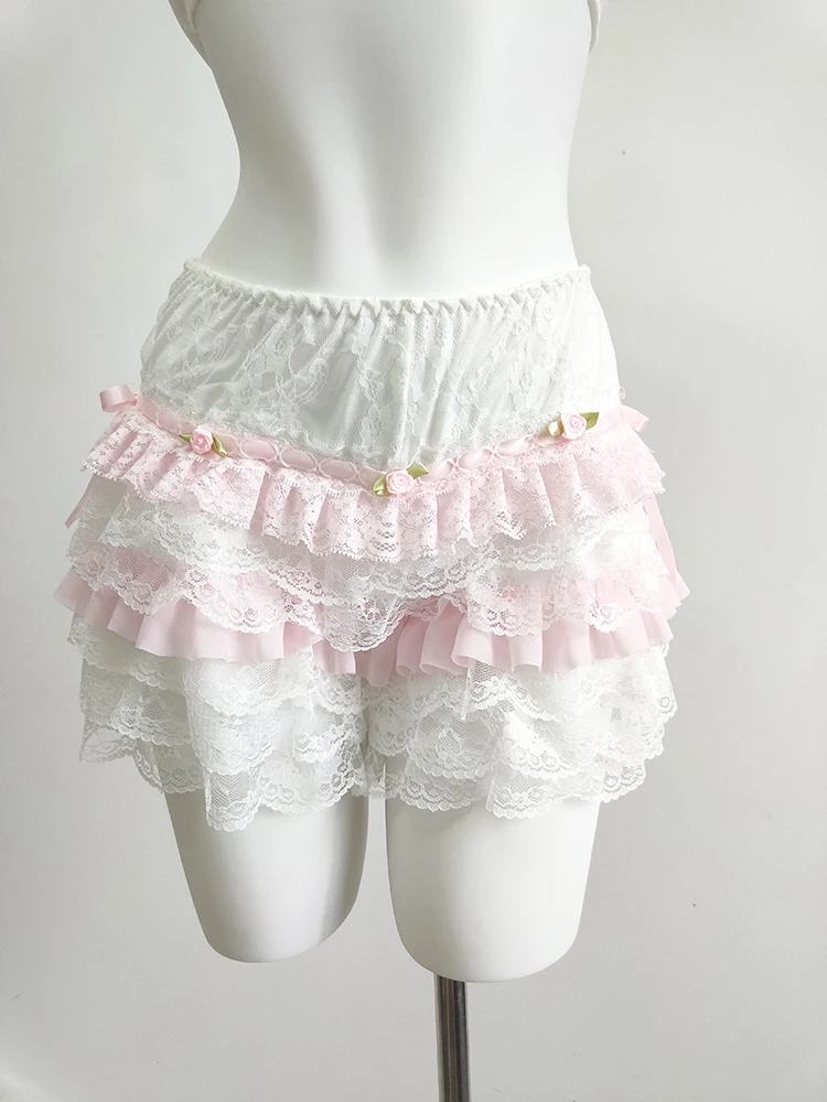 Cute Shorts for Sweet Girls Flowers Pink Lace Patchwork Elastic Waist Lolita Style Multilayer Bottoming Shorts Kawaii Clothes