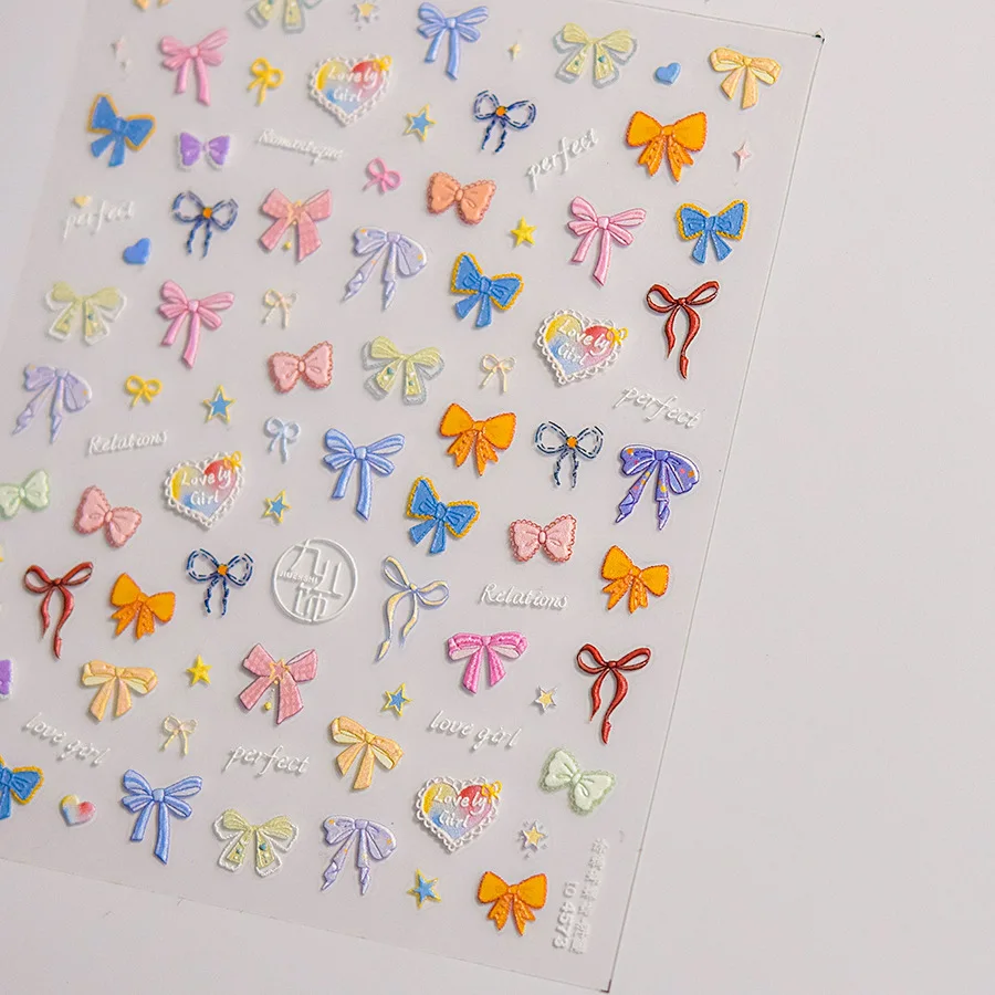 カラフルなちょう結びパールクリスタルラインストーン光沢のある弓シルクリボンノット 5D ネイルアートステッカー自己粘着装飾マニキュアデカール