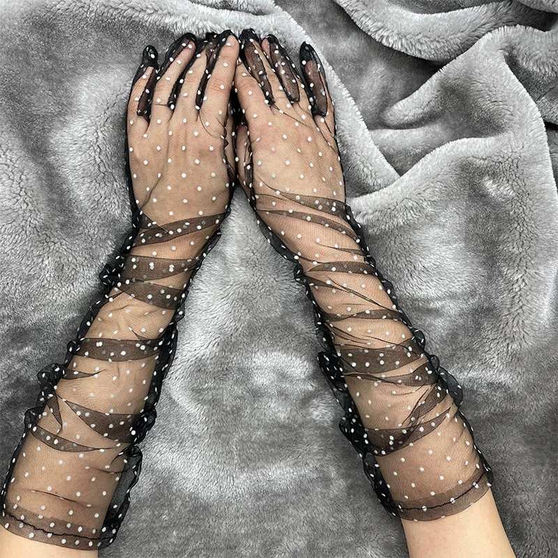 4 Colors Semi Sheer Dot Lace Full Finger Long Gloves Elegant Tulle Mesh Women Wedding Cosplay Party Decorating Mittens