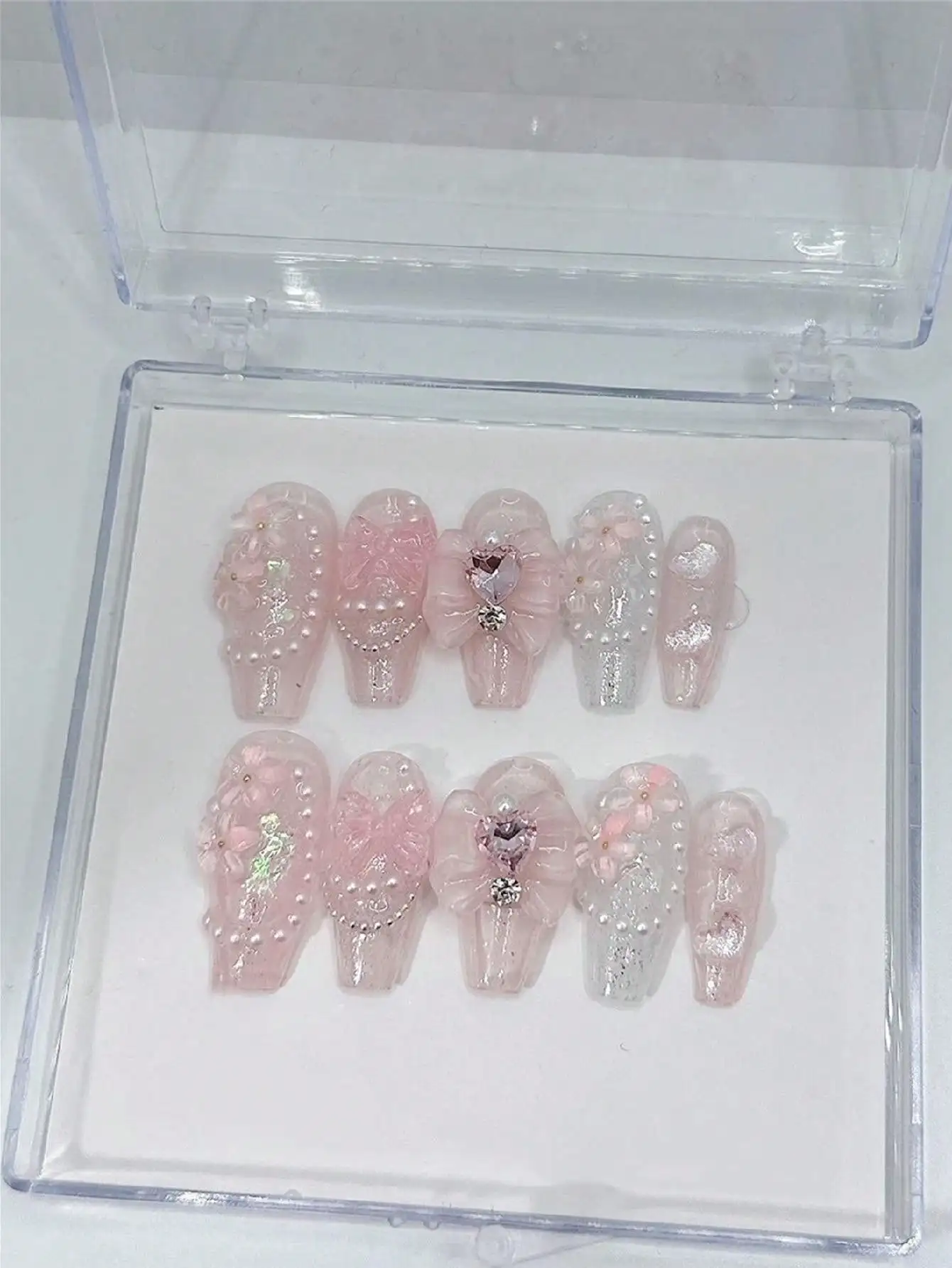 10-Piece Long Nail Set with Pure Handmade High-End Crystal Bow and Heart Designs, Suitable for Birthday Parties, Balls, and Daily Wear