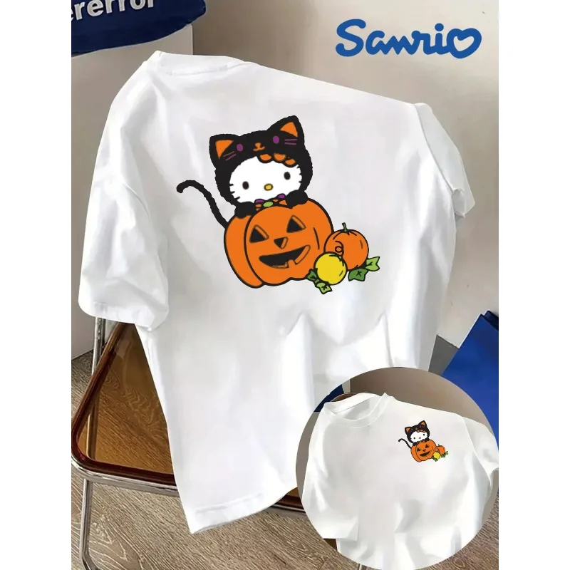 

Sanrio Halloween Theme Hello Kitty Front and Back Printed Short Sleeved Women's Cute Casual Short Sleeved Round Neck Casual Top