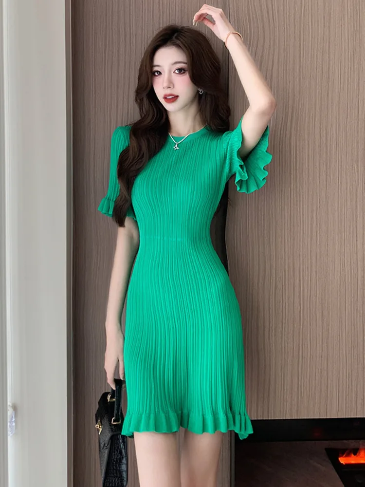 Women Summer O-Neck Knitting Dress Casual Vestidos Elegant Simple Office Party Dress Ladies Short Sleeve Sheath Pleated Dresses