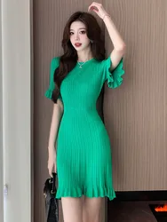 Women Summer O-Neck Knitting Dress Casual Vestidos Elegant Simple Office Party Dress Ladies Short Sleeve Sheath Pleated Dresses