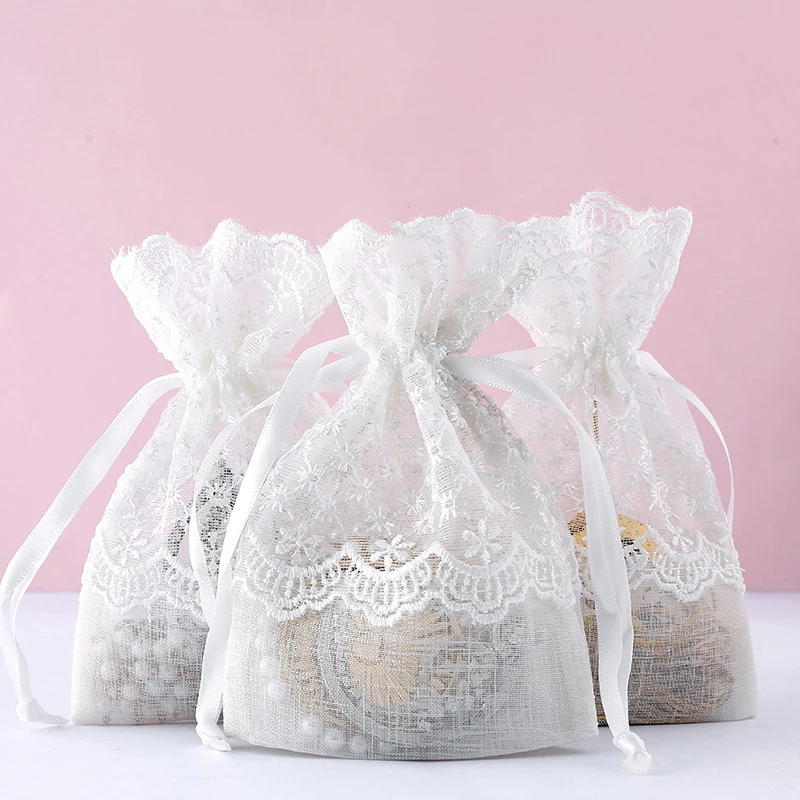 

12pcs White Flower Lace Drawstring Bag Slub Yarn Jewelry makeup Pouches Gift box Wedding Party Favors Packing organza Bags