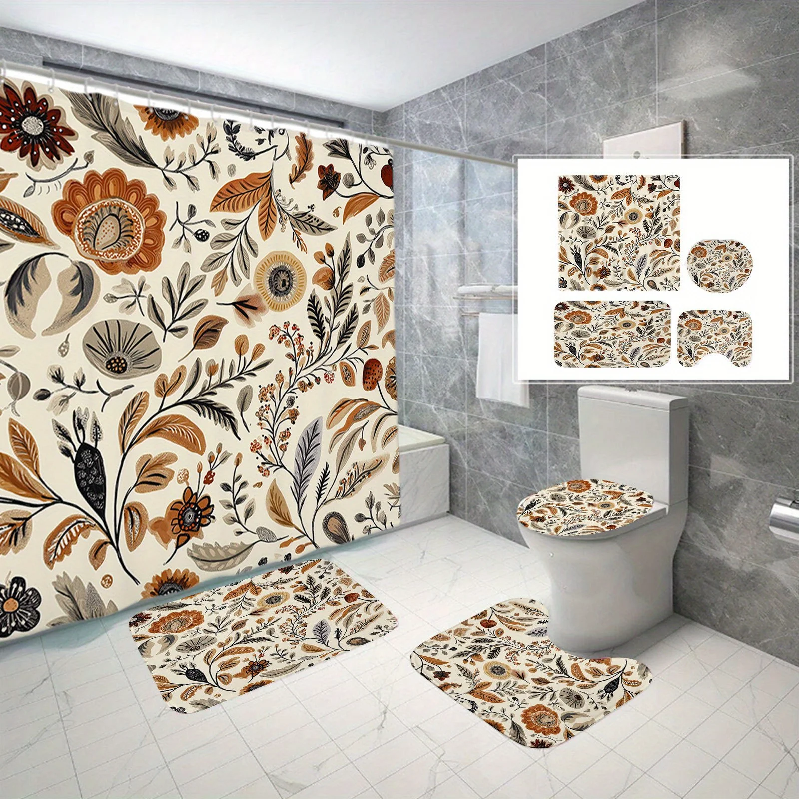 

4 шт. узоры пейсли и листьев включают занавеску для душа, полиэфирную ткань, нескользящий коврик, чехол на сиденье унитаза и U-образный коврик.