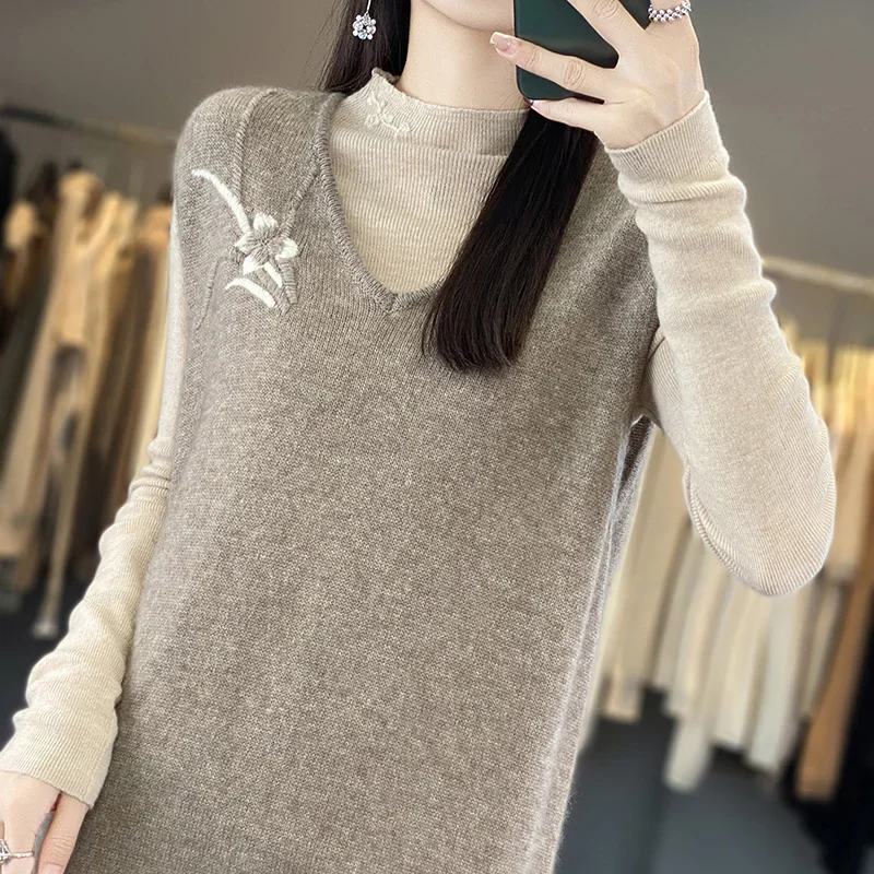 Women's Monochromatic Long V-Neck Cashmere Sweater Sleeveless Knitted Bottoming Shirt Wool Embroidered Vest for Autumn Winter - Image 5