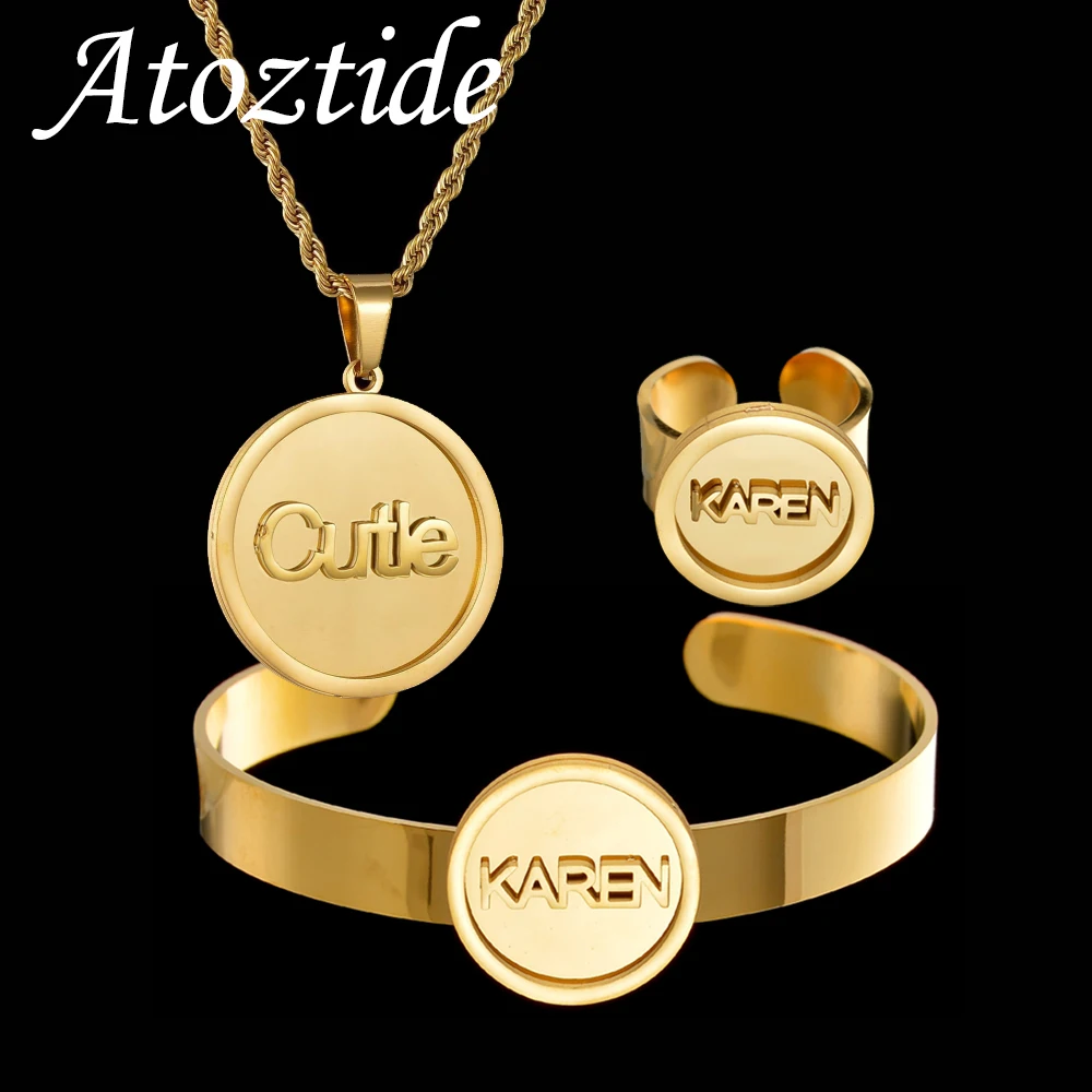 

Atoztide Custom Name Necklace Bracelet Ring Jewelry Set for Women Men 2-Side Welding Round Twist Chain Stainless Steel Gifts