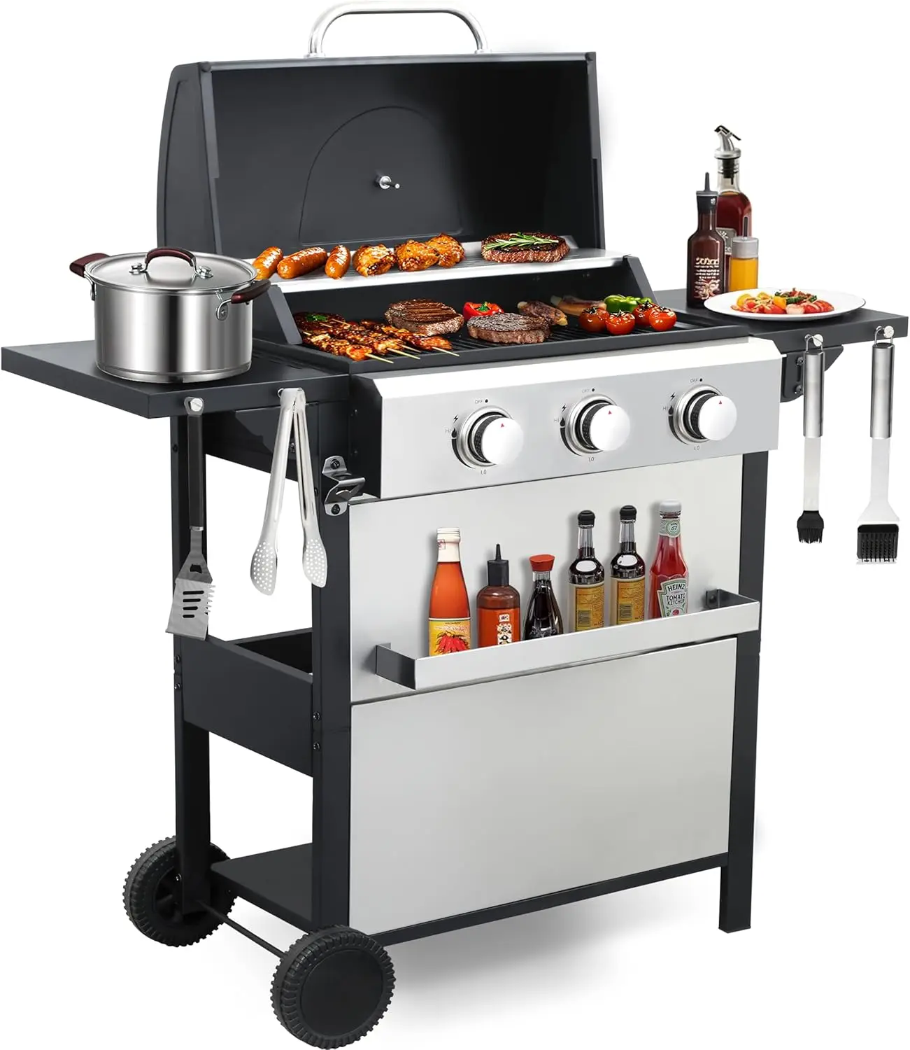 

3-Burner Propane Gas Grill with 30,000 BTU Output - Easy-Clean Grease Management & Even Heat Distribution for Perfect BBQs (3-Bu
