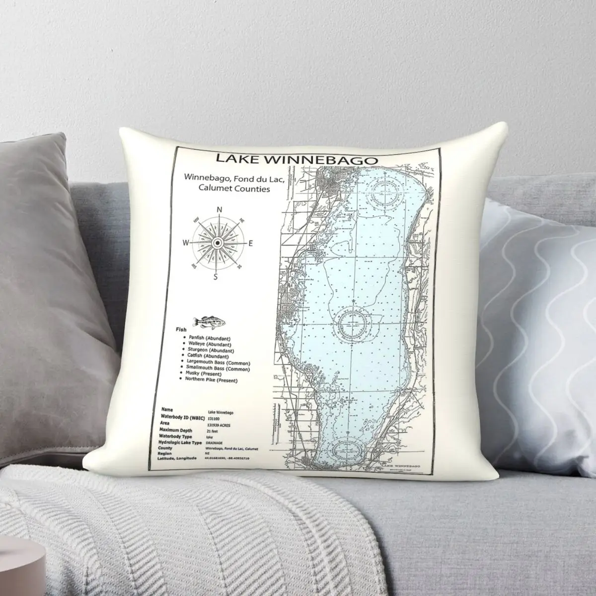 Lake Winnebago Wisconsin Pillowcase Polyester Linen Velvet Pattern Zip Decorative Pillow Case Home Cushion Cover 45x45