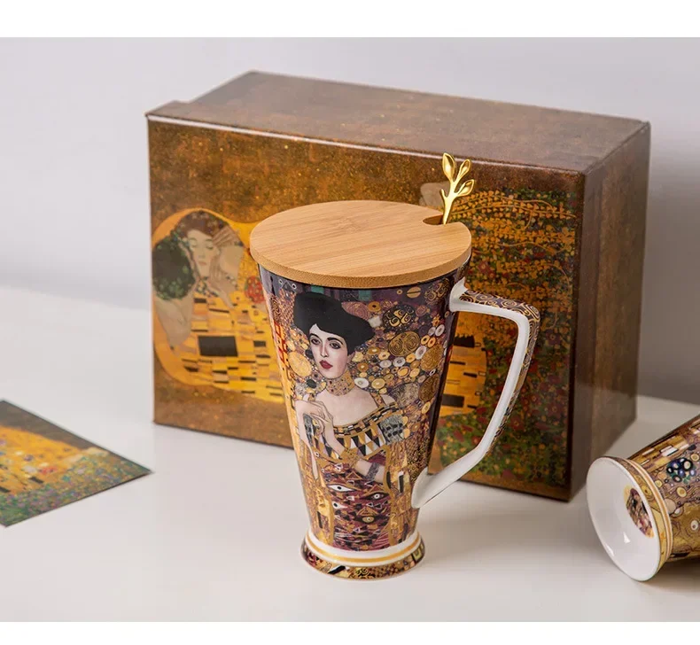 Klimt Bone China Mug with Gift Box Europe Retro Ceramic Water Cup Creative Oil Painting Large Capacity Mug Personalized Gift