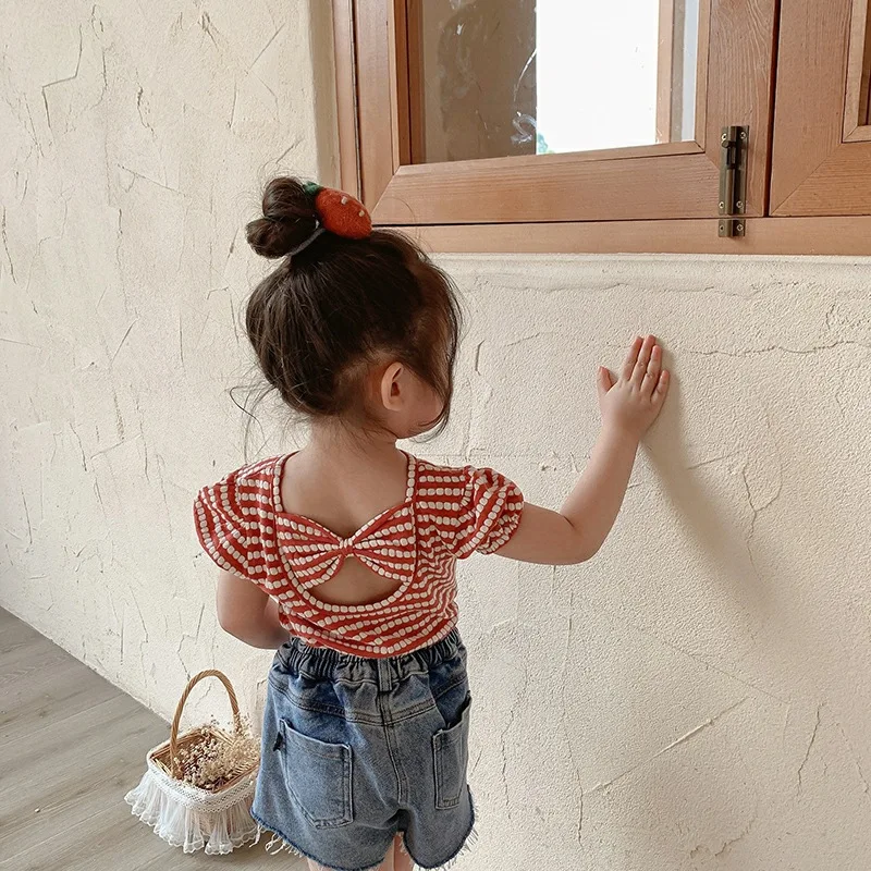 Sweet Bowknot Backless Girls Shirt Summer Vintage Black/red Stripe Kids Shirt Toddler Girls Pullovers 0-7 Yrs Kids Tshirt Summer