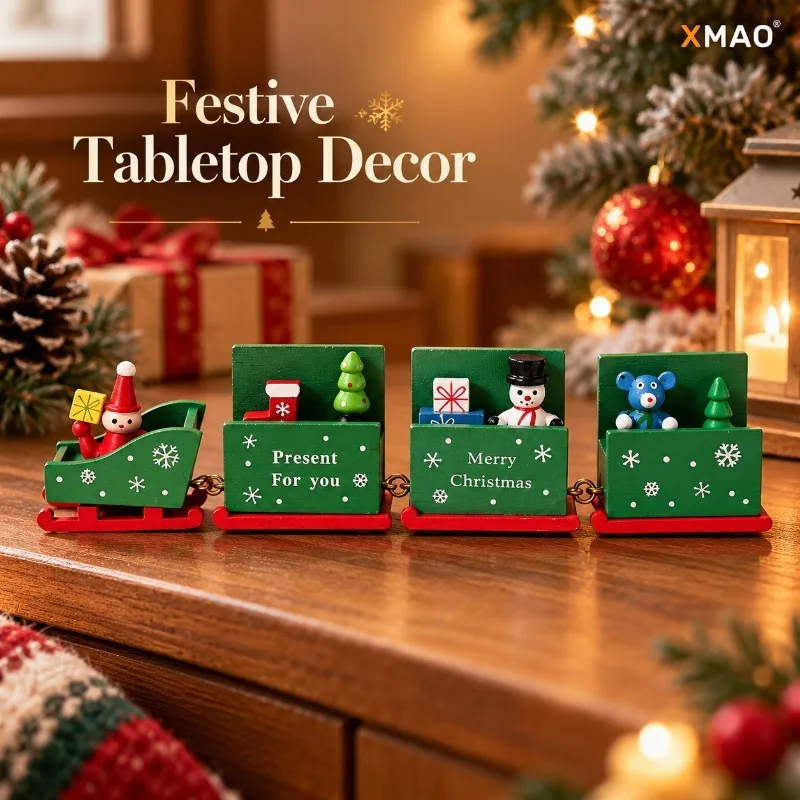 Christmas Wooden Train Ornament, 4-Car Mini Tabletop Decoration with Santa Gifts Snowman Bear, Holiday Home Shelf Desk Decor