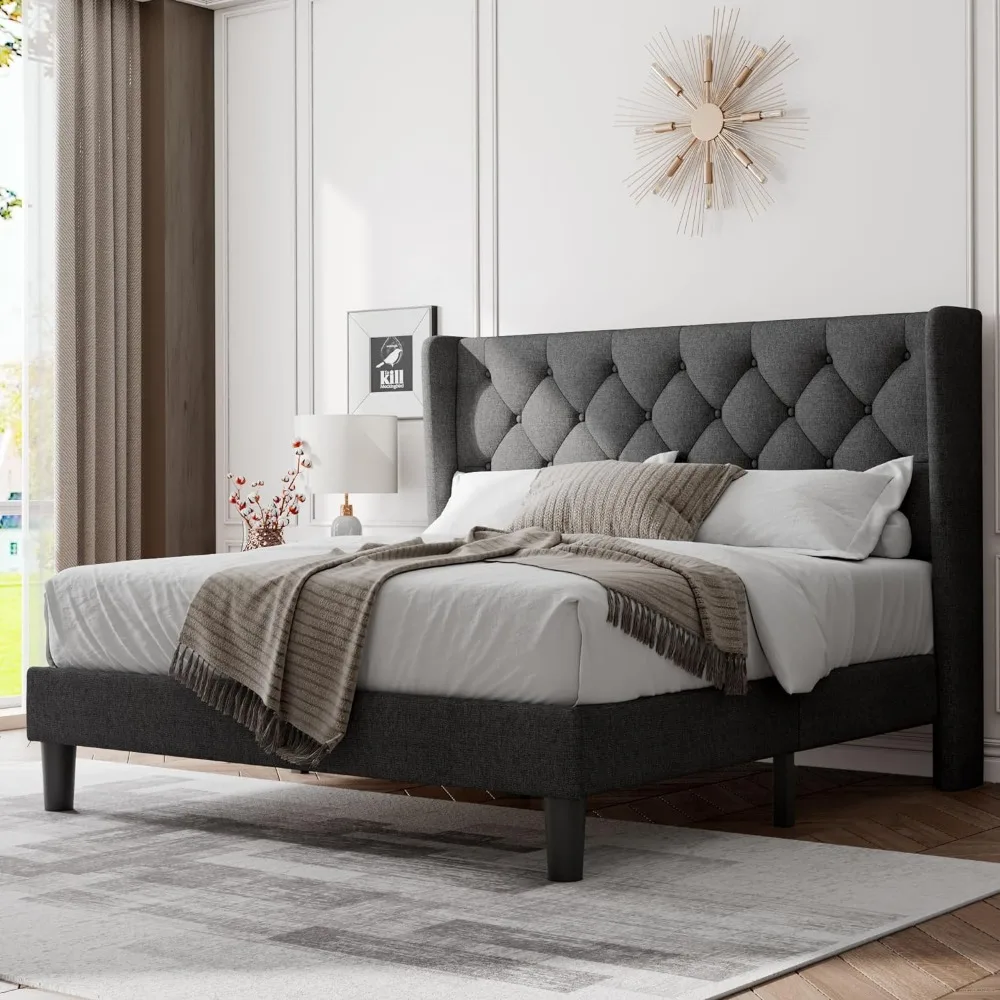 

Bed Frame with Upholstered Headboard, Platform Bed and Heavy Wood Strip Support, Easy To Assemble, No Box Spring Required