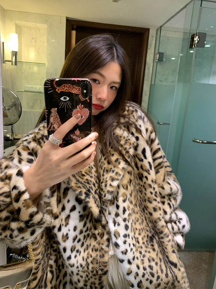 

Eco-Friendly Leopard Print Fur Coat Women's Long Sleeve Outerwear Korean Style Loose Fit Winter New Arrival Animal Print
