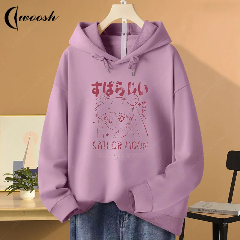 Sailor Moon Hoodie with Hat Children Cartoon Printed Kawaii Sweatshirt Winter Spring Kid Clothing Long Sleeve Girl Womens Hooded