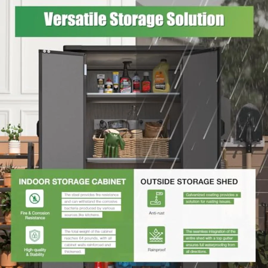 Resin Outdoor Storage Cabinet, 70 Tall Vertical with Base for patio use, weather-resistant resin material, gray color, lockable