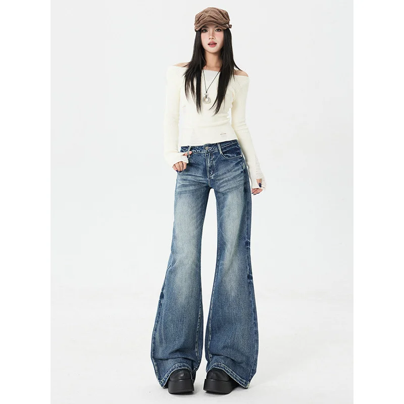 

Vintage Flared Jeans Women with Whiskers, New American Style Petite Women, Autumn and Winter Wide Leg Bell Bottom Pants